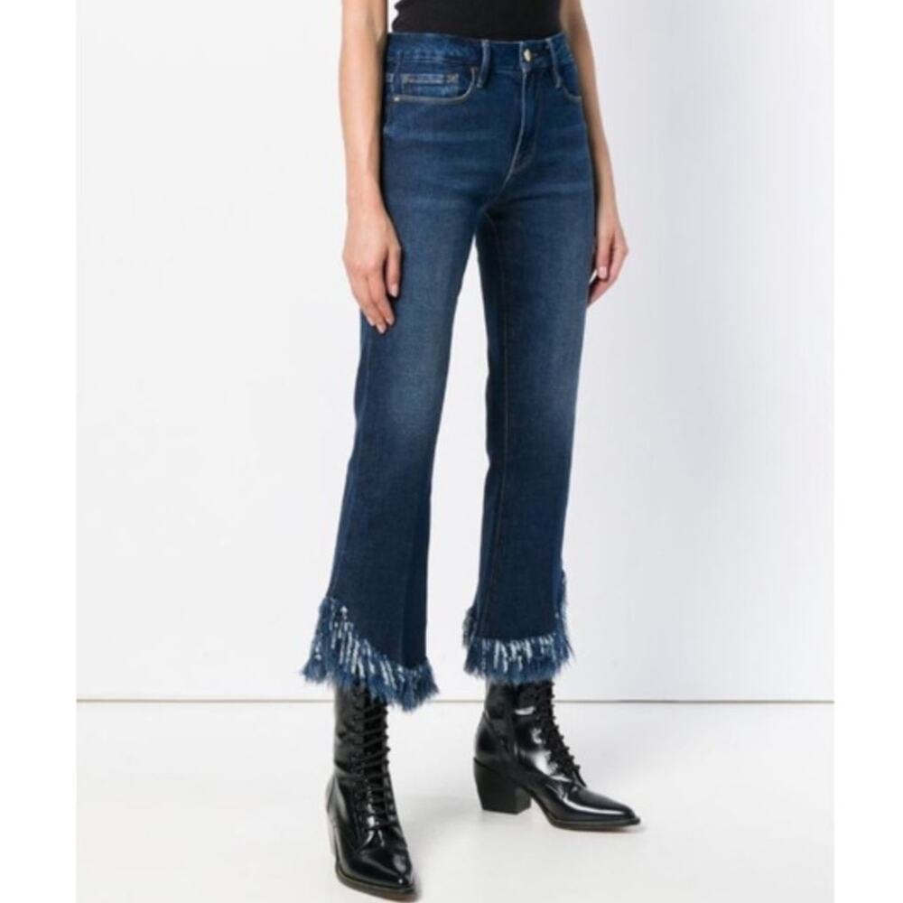 Frame Le Crop Mini Boot Jean US 26 Fringe‎ Shredded Hem Blue Dark Wash Boho